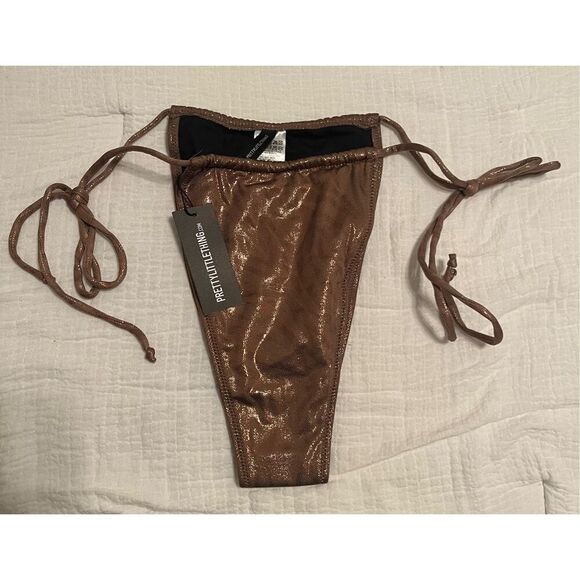 PrettyLittleThing Other - PrettyLittleThing Brown Shimmer Side Tie Bikini Bottoms NEW NWT
